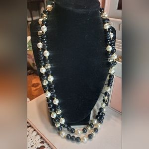 Vintage Black Gold Faux Pearl Necklaces 52"L